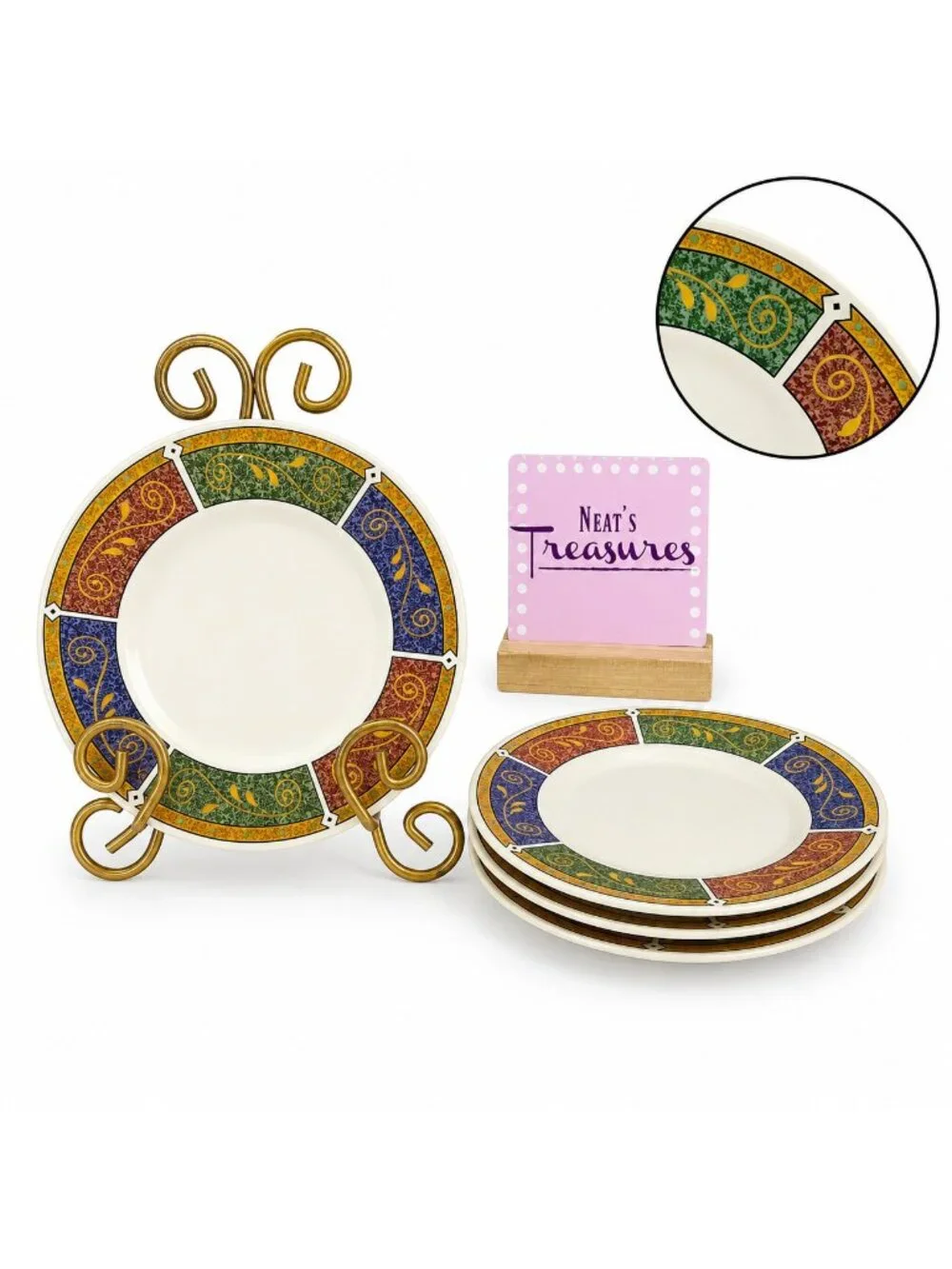 Sakura Majesticware PERSIA Red Green Blue Panels Stoneware Bread Plates Set 4